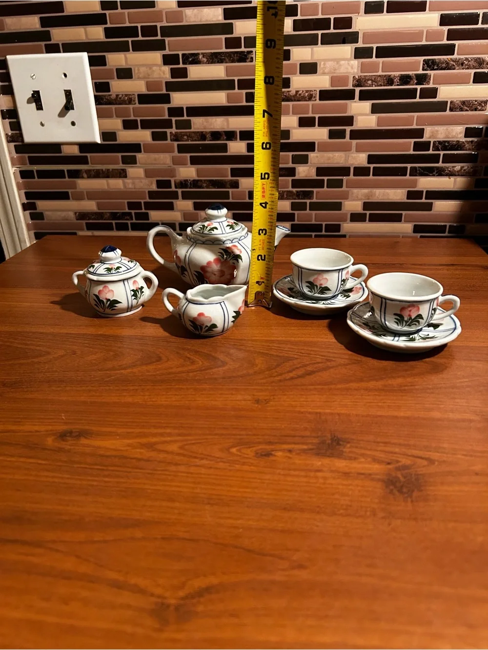 Vintage Child Size Hand-Painted Floral Tea Set - White with Pink w Green Accents